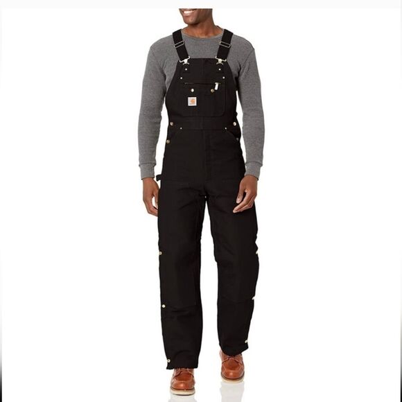 NWT Carhartt Men Quilt Lined Zip 2 Thigh Bib Overalls Black $160 38x32 - Picture 1 of 15